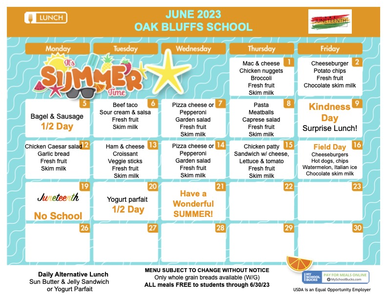 Lunch Menu Oak Bluffs Elementary School